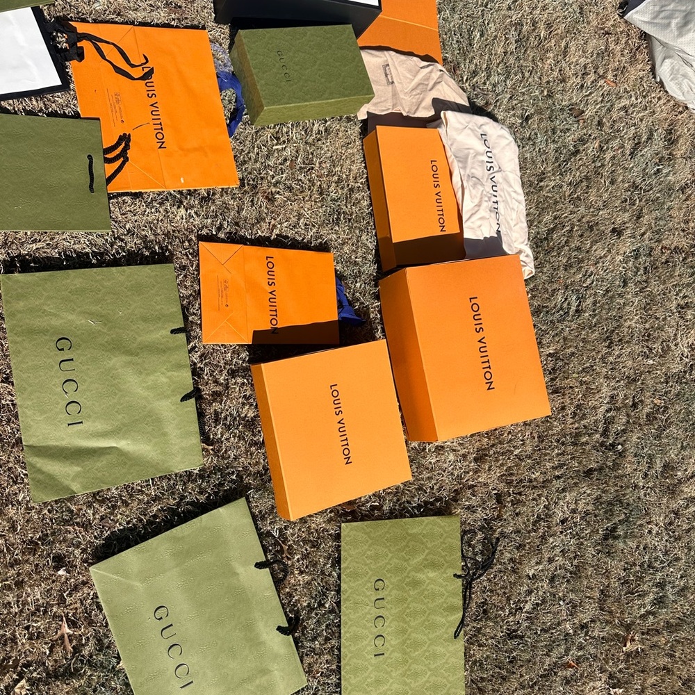 Gucci and Louis Vuitton Shopping Bags and Boxes